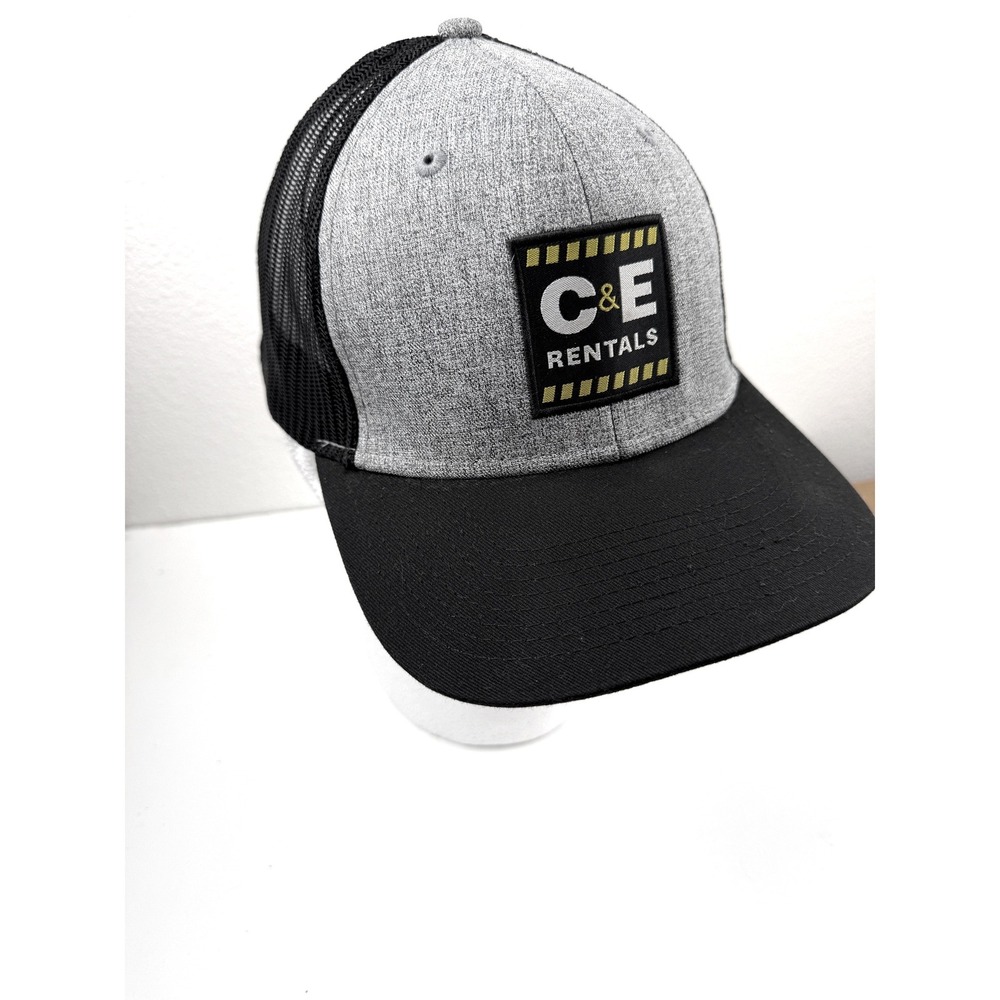 C&E Rentals Trucker Hat Mens Grey Black Snapback Mesh Cap American Flag Patch